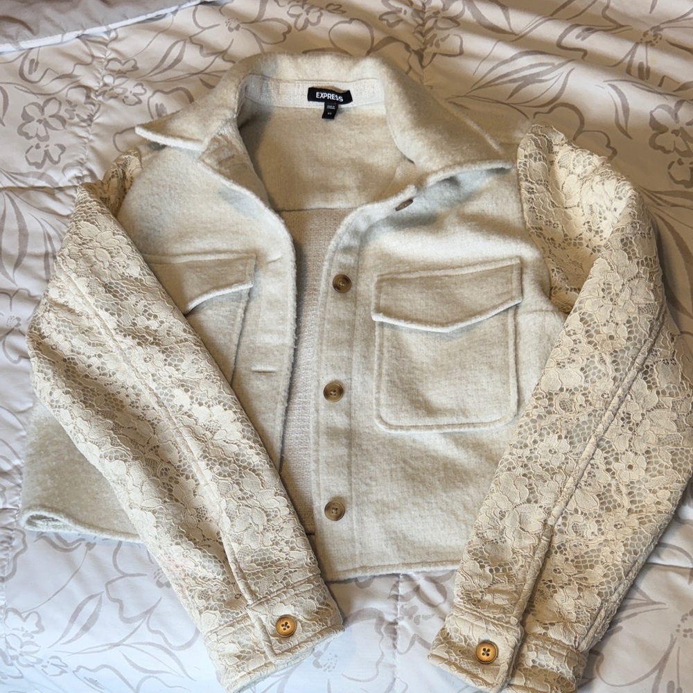 Express Beige Lace Sleeve Jean Jacket